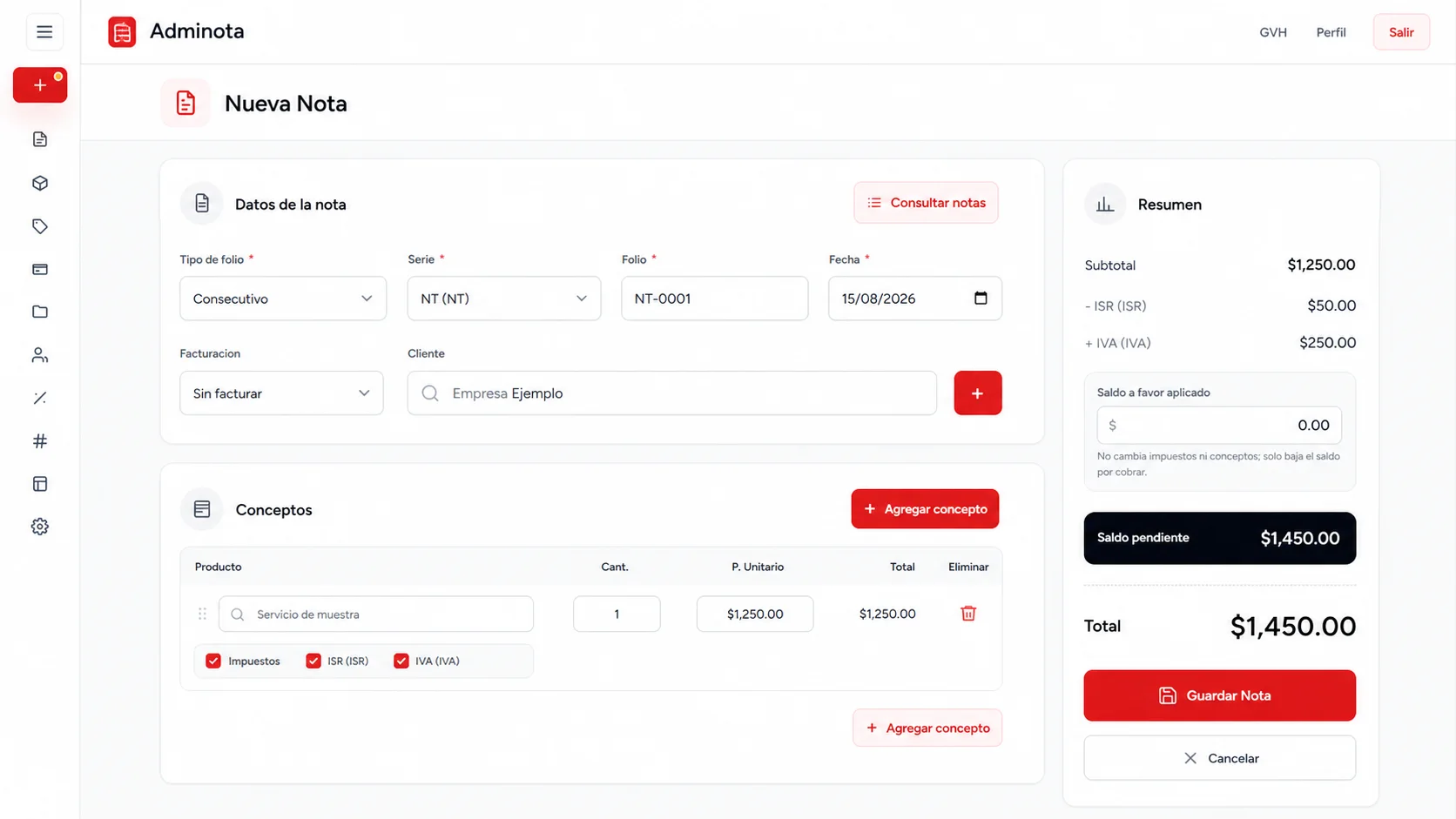 Demostración de Adminota creando una nota de venta con cliente, concepto, impuestos y resumen ficticios