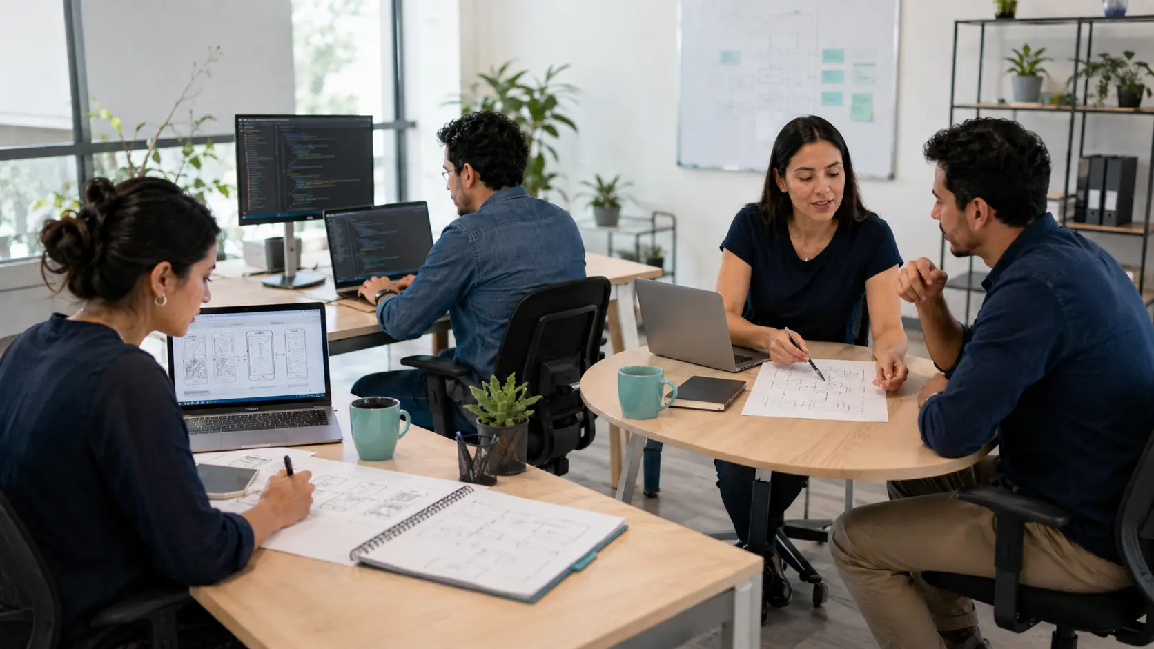 Equipo colaborando con un cliente en el diseño y desarrollo de una solución digital