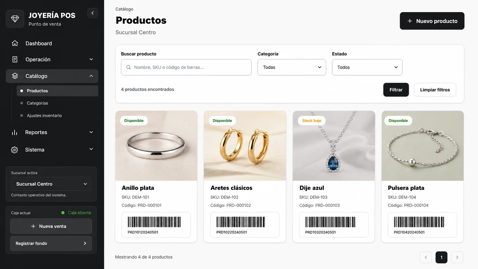 Demostración de JOYERÍA POS con catálogo, productos y códigos ficticios